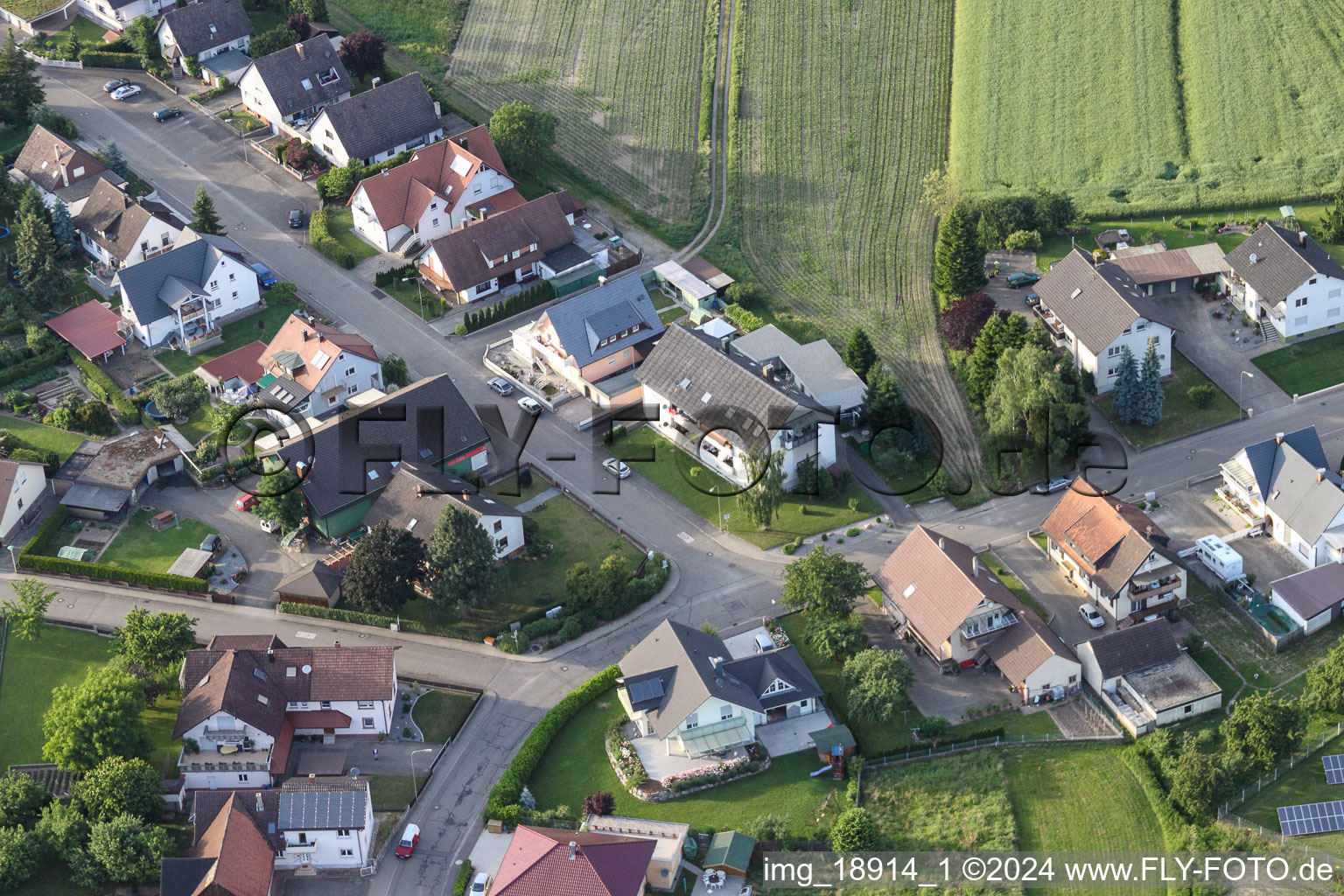 Oblique view of Gartenstr in the district Sand in Willstätt in the state Baden-Wuerttemberg, Germany