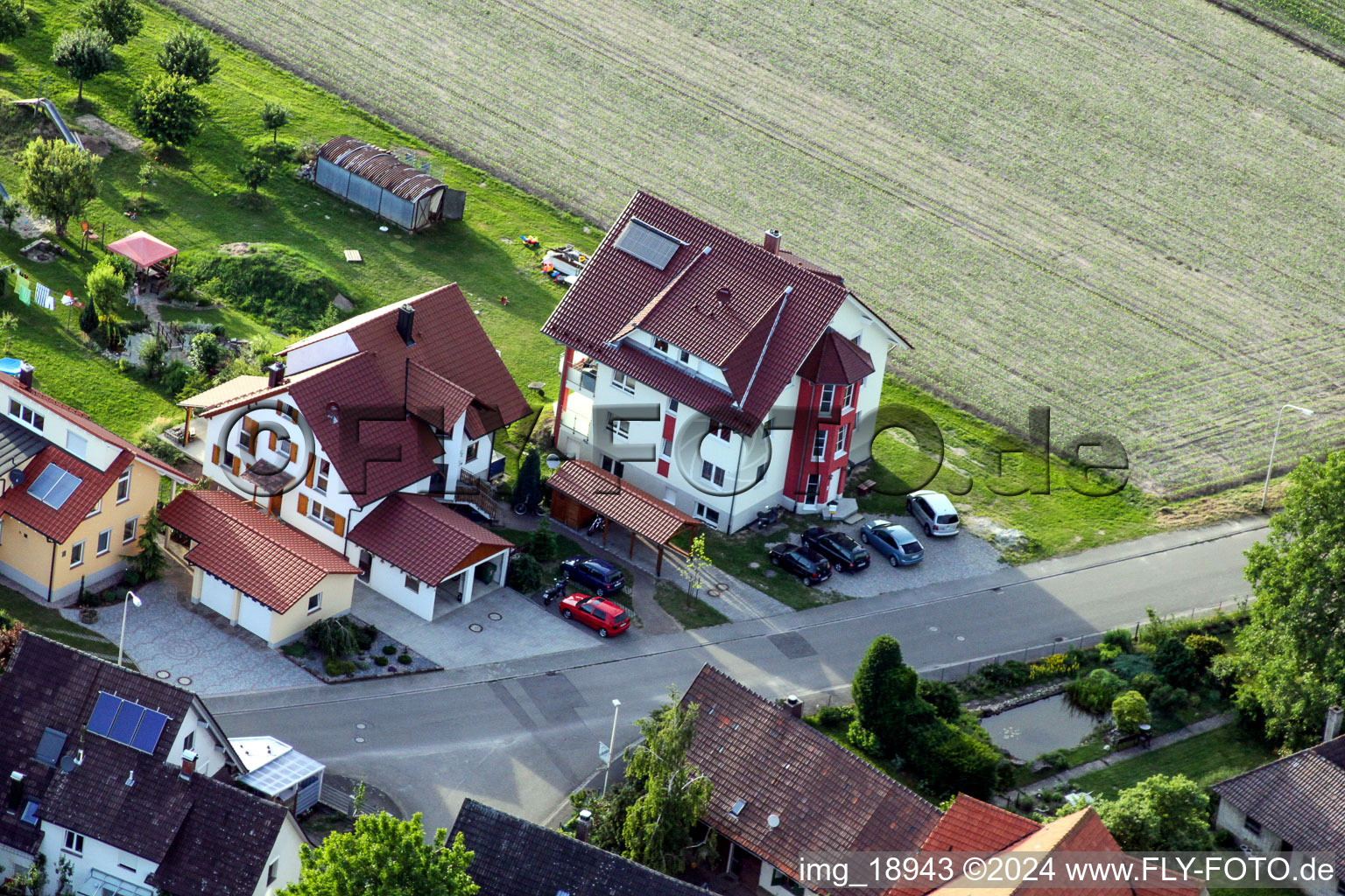 Oblique view of Eichhofstr in the district Sand in Willstätt in the state Baden-Wuerttemberg, Germany