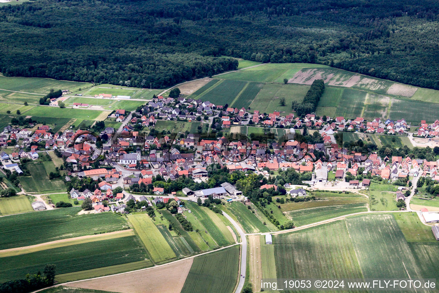 Aerial view of Niederlauterbach in the state Bas-Rhin, France