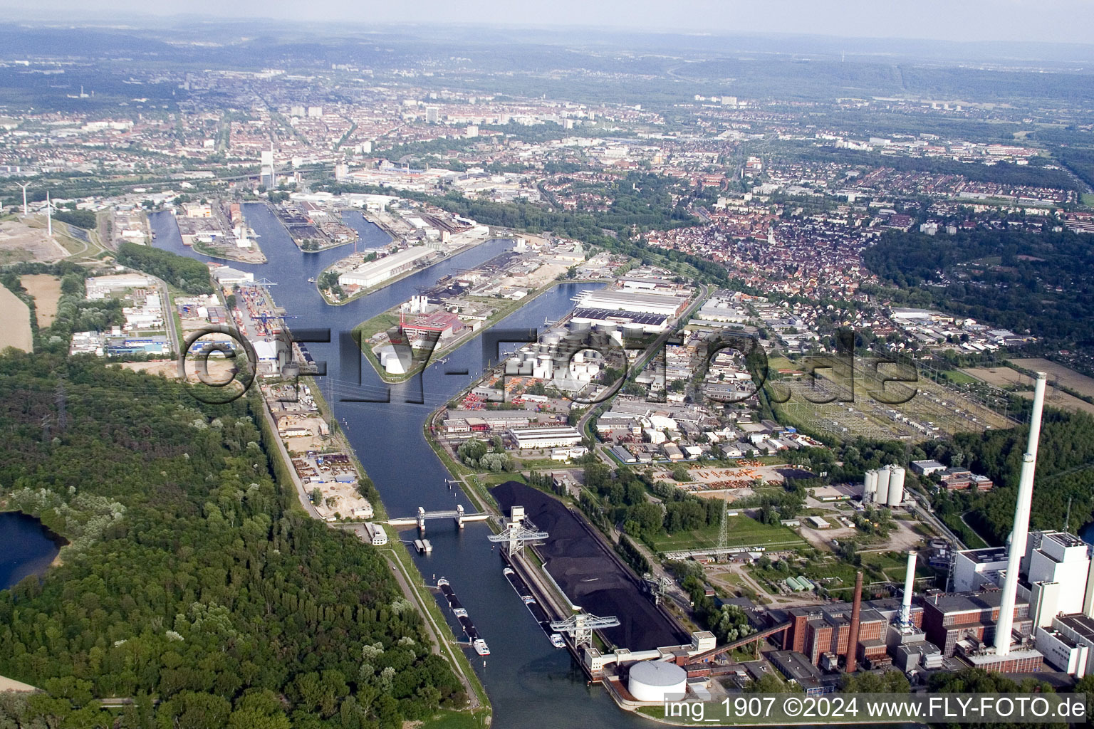 District Rheinhafen in Karlsruhe in the state Baden-Wuerttemberg, Germany seen from a drone