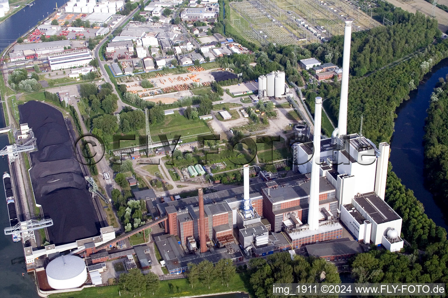 Aerial view of Rhine port steam power plant in the district Daxlanden in Karlsruhe in the state Baden-Wuerttemberg, Germany