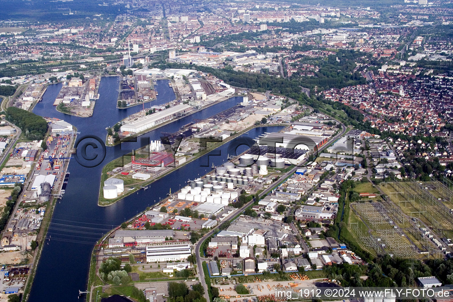 Aerial view of District Rheinhafen in Karlsruhe in the state Baden-Wuerttemberg, Germany
