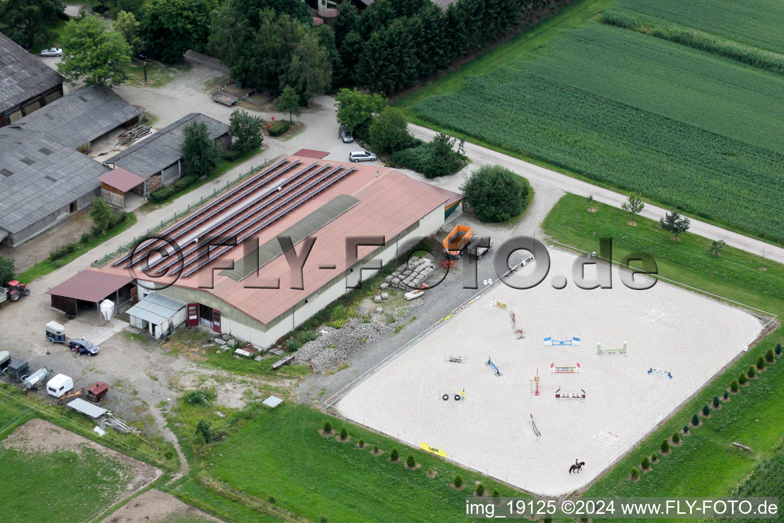 Aerial view of Pflammkuchenhaus in the district Holzhausen in Rheinau in the state Baden-Wuerttemberg, Germany