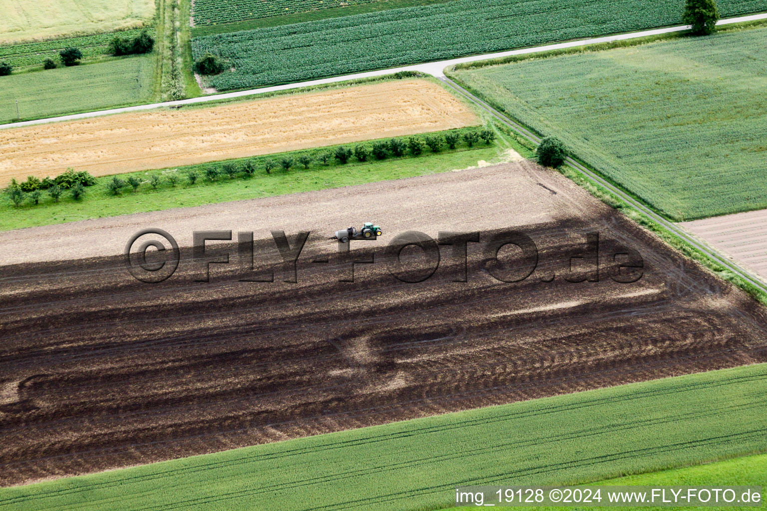 Tractor spraying manure on agricultural fields in Achern in the state Baden-Wurttemberg