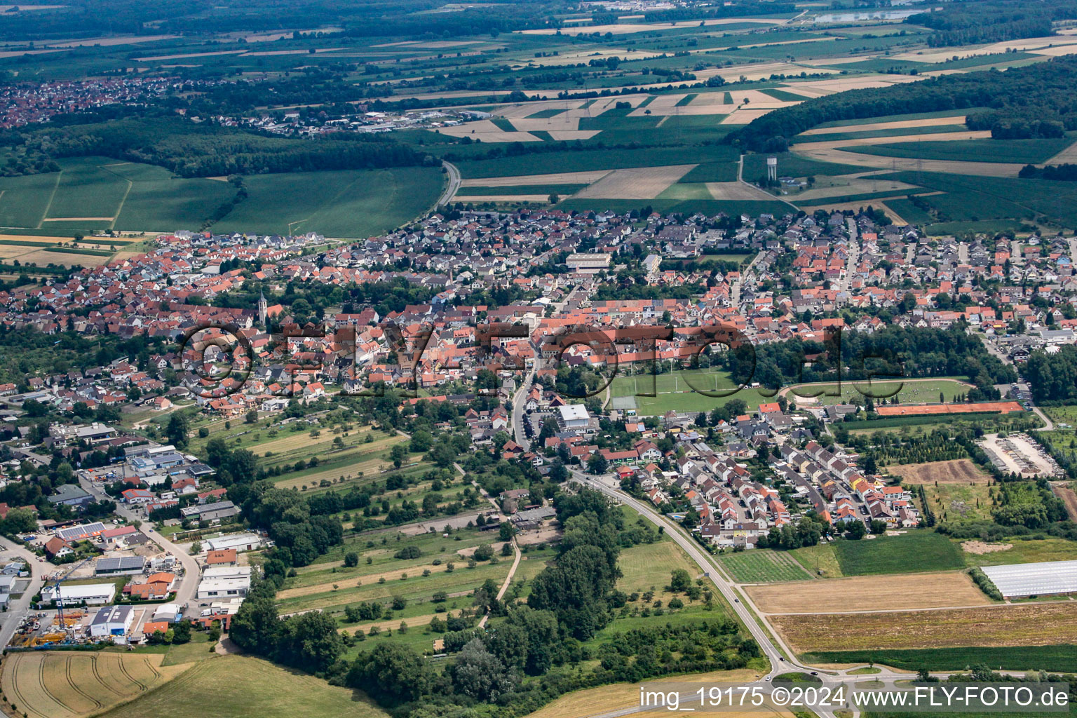 Bird's eye view of District Liedolsheim in Dettenheim in the state Baden-Wuerttemberg, Germany