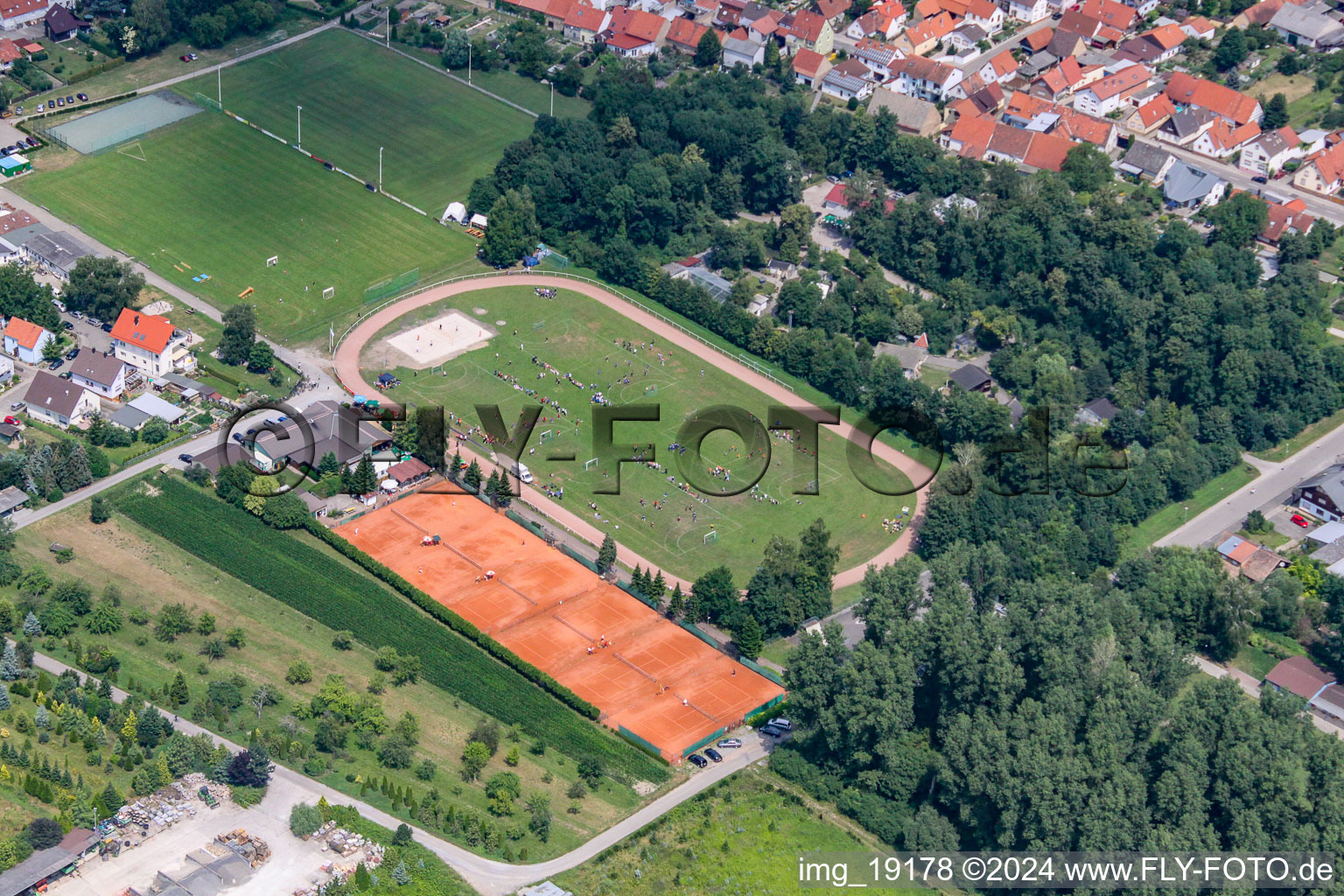 Aerial view of Sports fields in the district Liedolsheim in Dettenheim in the state Baden-Wuerttemberg, Germany