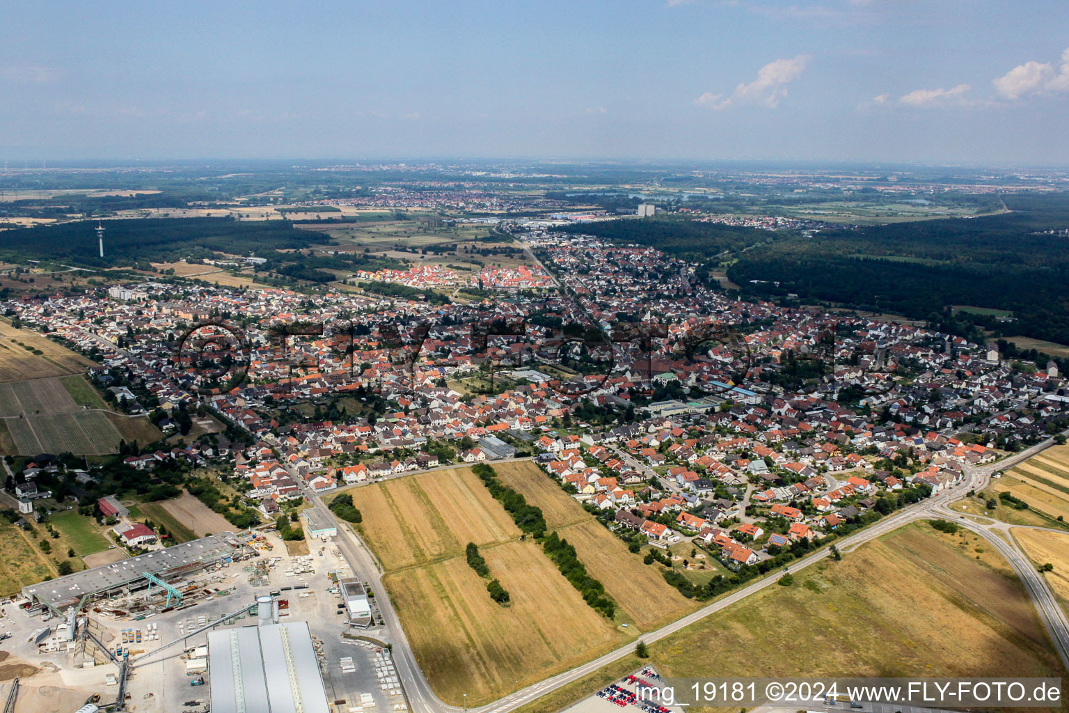 Aerial view of Town View of the streets and houses of the residential areas in Wiesental in the state Baden-Wurttemberg, Germany