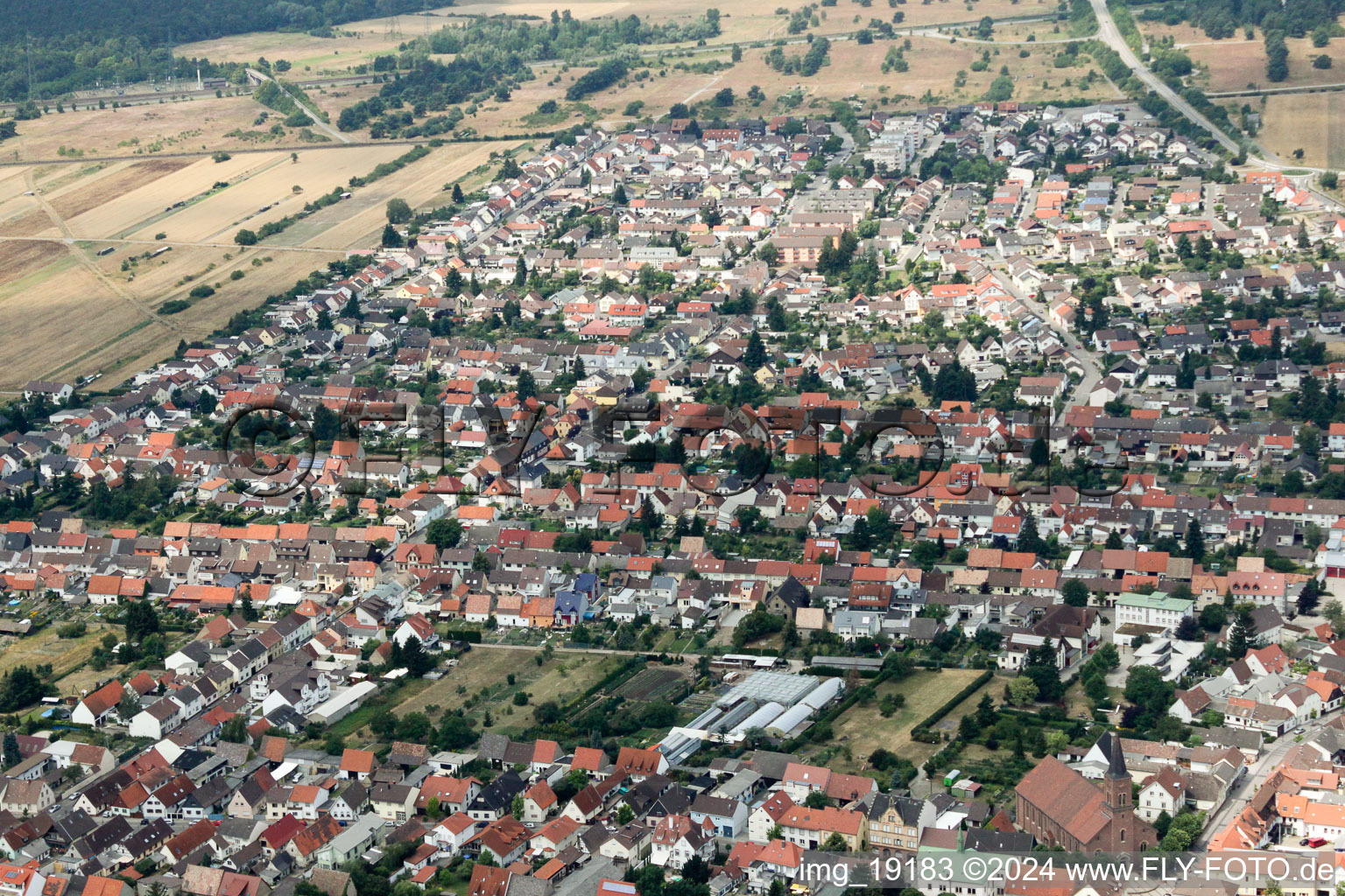 Aerial view of From the southeast in the district Wiesental in Waghäusel in the state Baden-Wuerttemberg, Germany