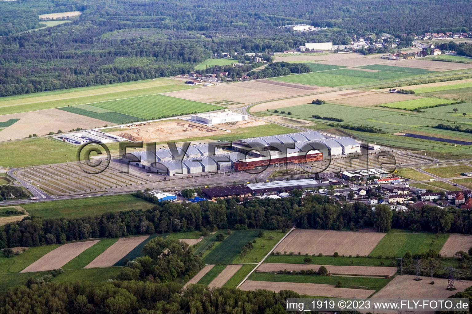 Oblique view of New trade fair, DM Arena in the district Forchheim in Rheinstetten in the state Baden-Wuerttemberg, Germany
