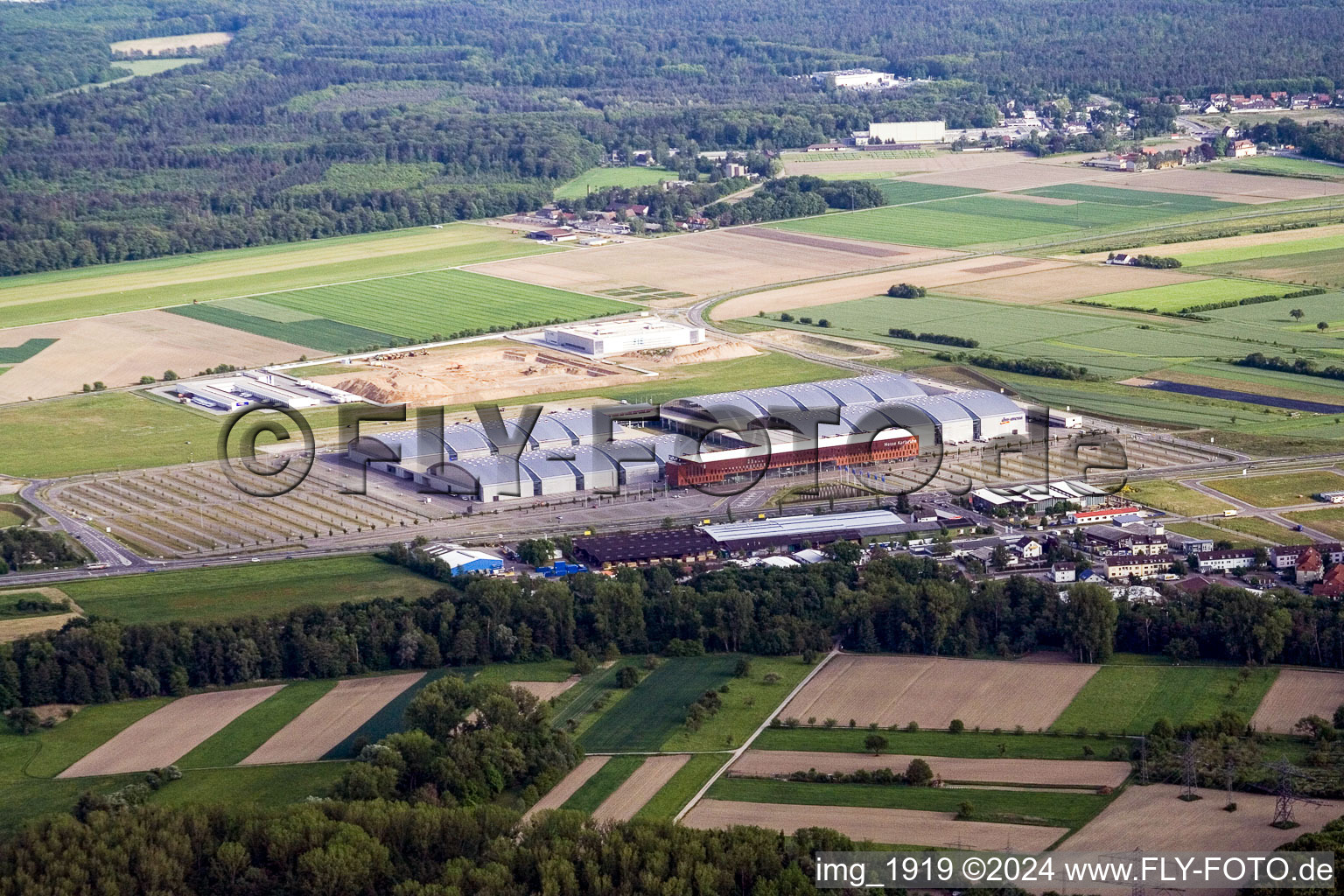 Oblique view of New Trade Fair, DM Arena in the district Forchheim in Rheinstetten in the state Baden-Wuerttemberg, Germany