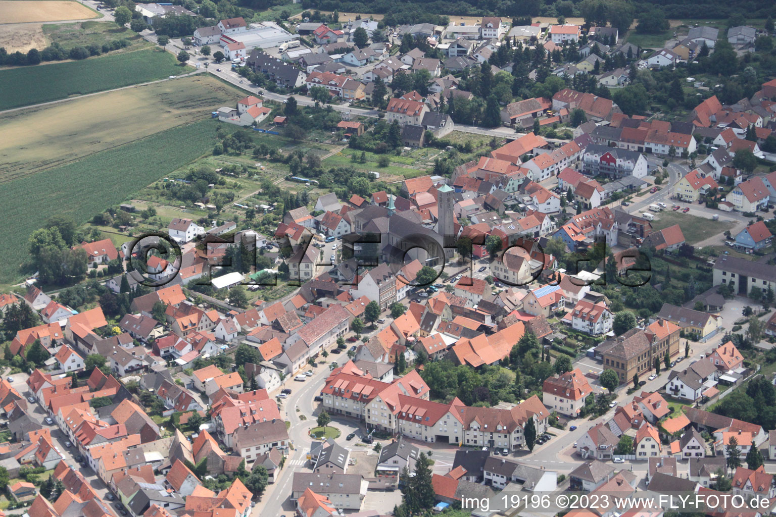 Aerial view of Saint Leo the Great Church in the district Sankt Leon in St. Leon-Rot in the state Baden-Wuerttemberg, Germany