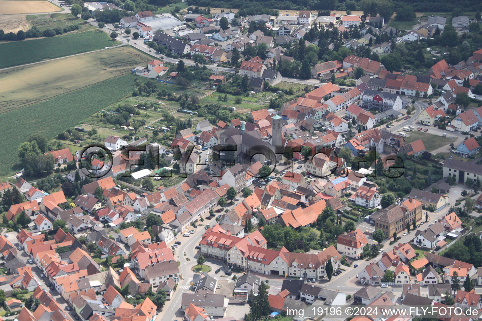 Aerial view of Saint Leo the Great Church in the district Sankt Leon in St. Leon-Rot in the state Baden-Wuerttemberg, Germany