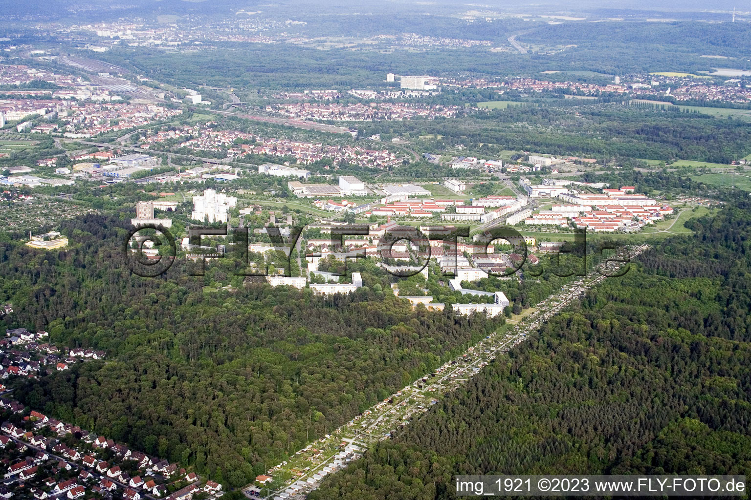 District Oberreut in Karlsruhe in the state Baden-Wuerttemberg, Germany viewn from the air