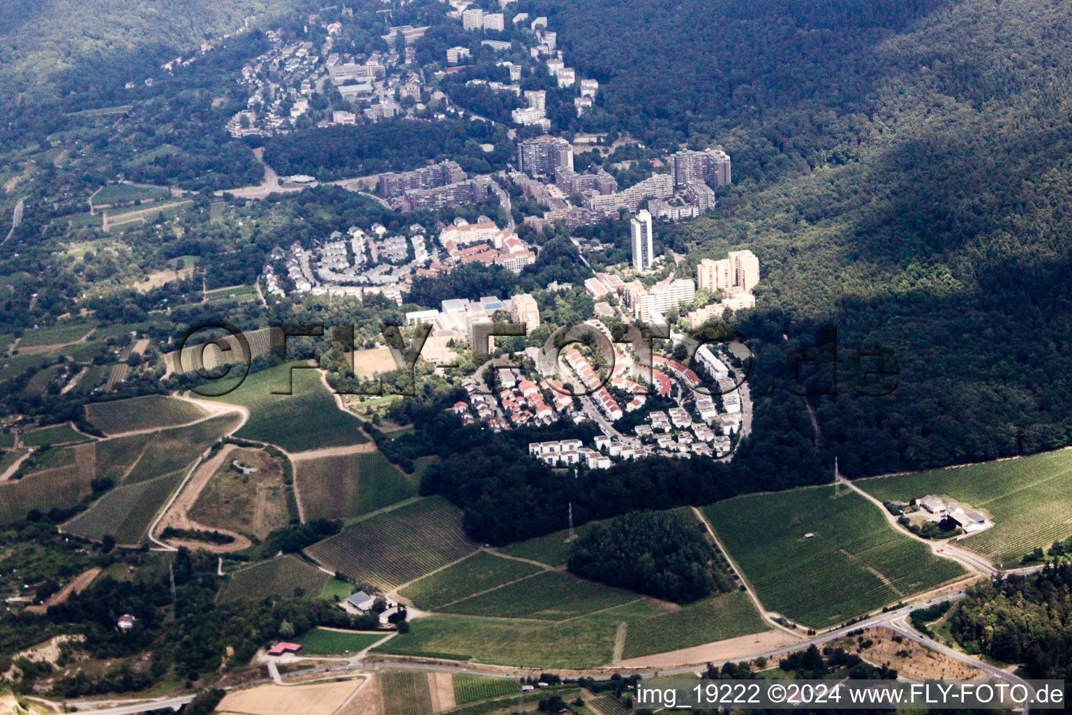 Aerial view of Town View of the streets and houses of the residential areas in the district Emmertsgrund-Sued in Heidelberg in the state Baden-Wurttemberg