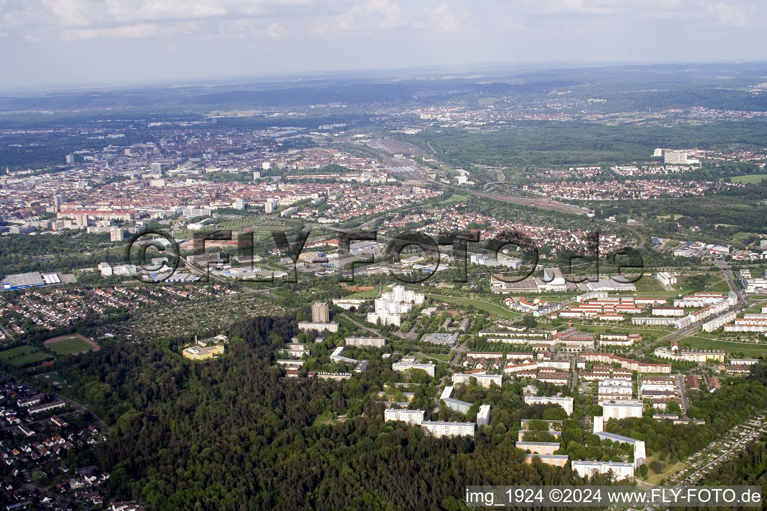 From the west in the district Oberreut in Karlsruhe in the state Baden-Wuerttemberg, Germany