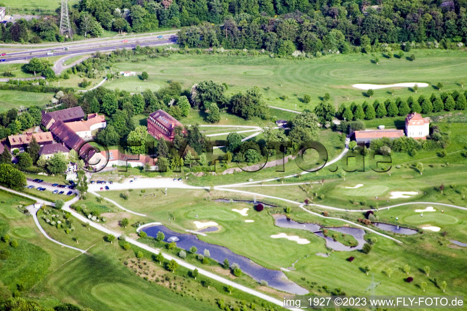 Aerial view of Gut Scheibenhard golf course in the district Beiertheim-Bulach in Karlsruhe in the state Baden-Wuerttemberg, Germany