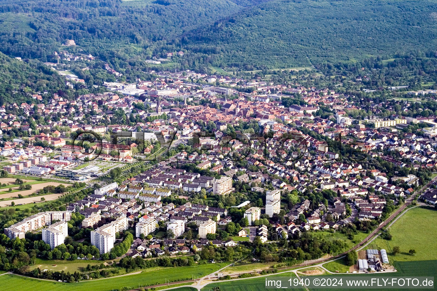Aerial view of Town View of the streets and houses of the residential areas in Ettlingen in the state Baden-Wurttemberg