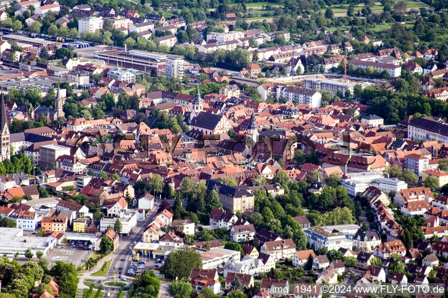 Old Town area and city center in Ettlingen in the state Baden-Wurttemberg