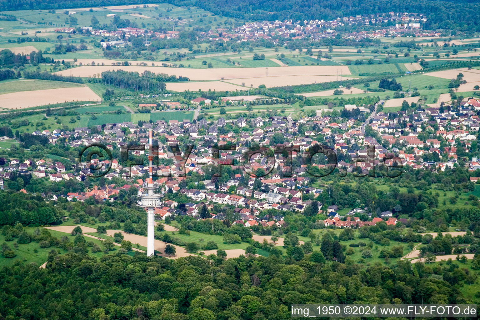 Aerial view of Town View of the streets and houses of the residential areas in the district Gruenwettersbach in Karlsruhe in the state Baden-Wurttemberg