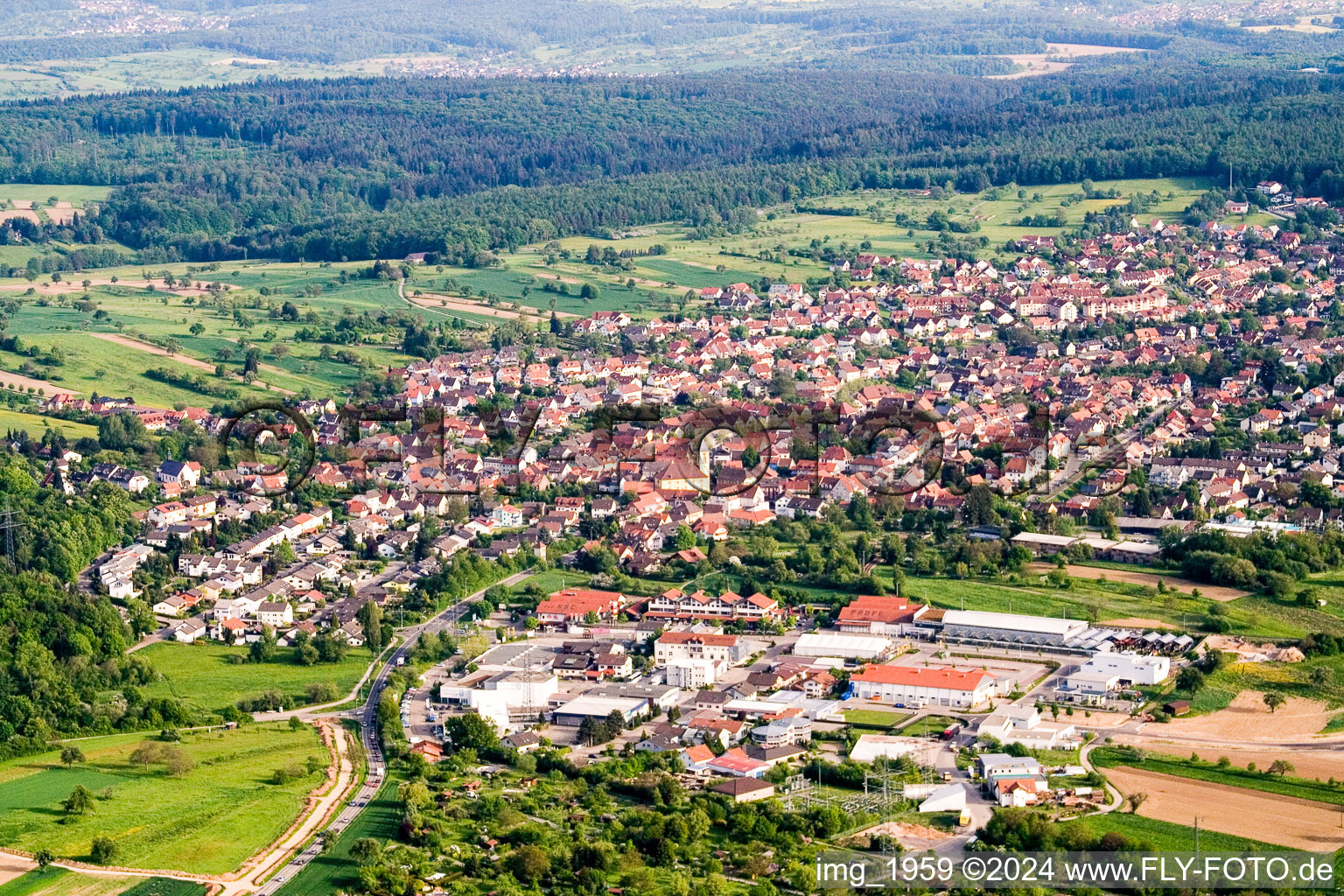 Drone recording of District Langensteinbach in Karlsbad in the state Baden-Wuerttemberg, Germany