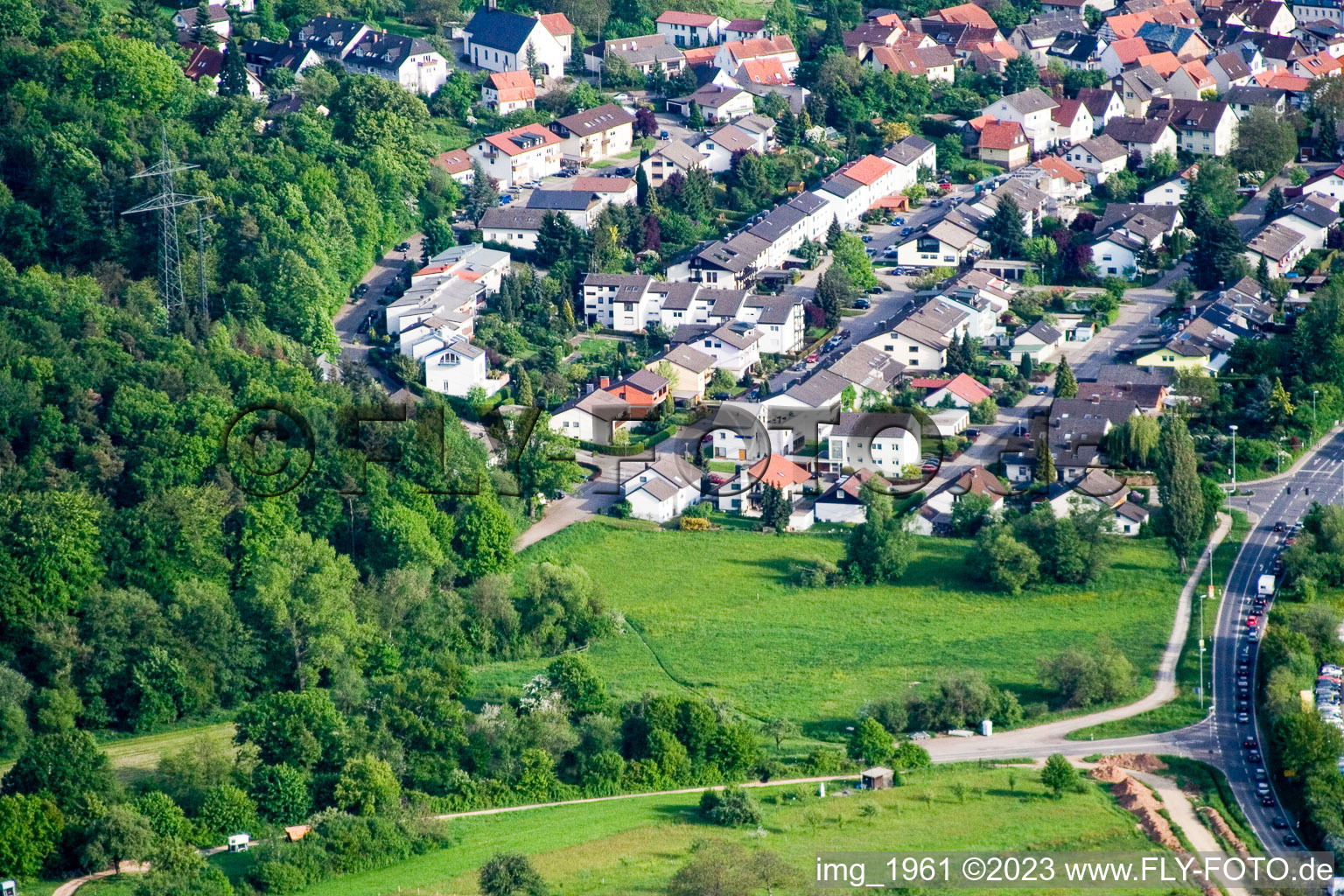 Drone image of District Langensteinbach in Karlsbad in the state Baden-Wuerttemberg, Germany