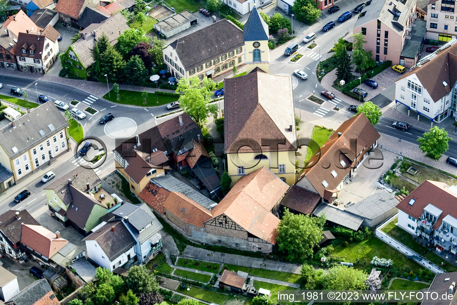 District Langensteinbach in Karlsbad in the state Baden-Wuerttemberg, Germany seen from a drone