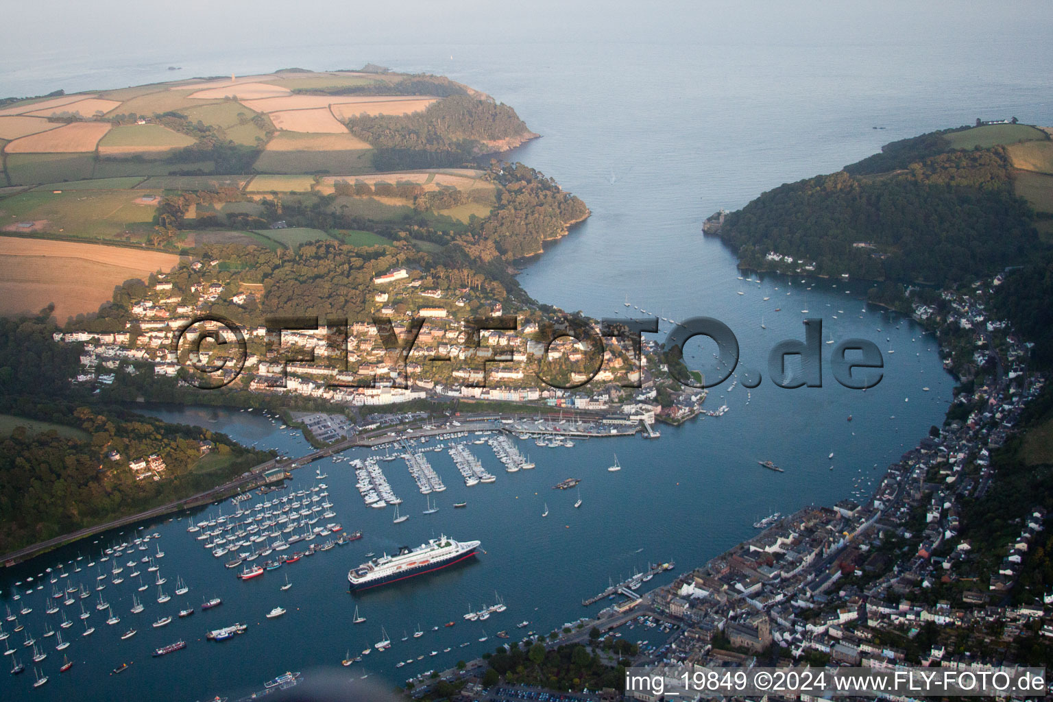 Aerial view of Riparian areas along the river mouth Dart in Kingswear in England, United Kingdom