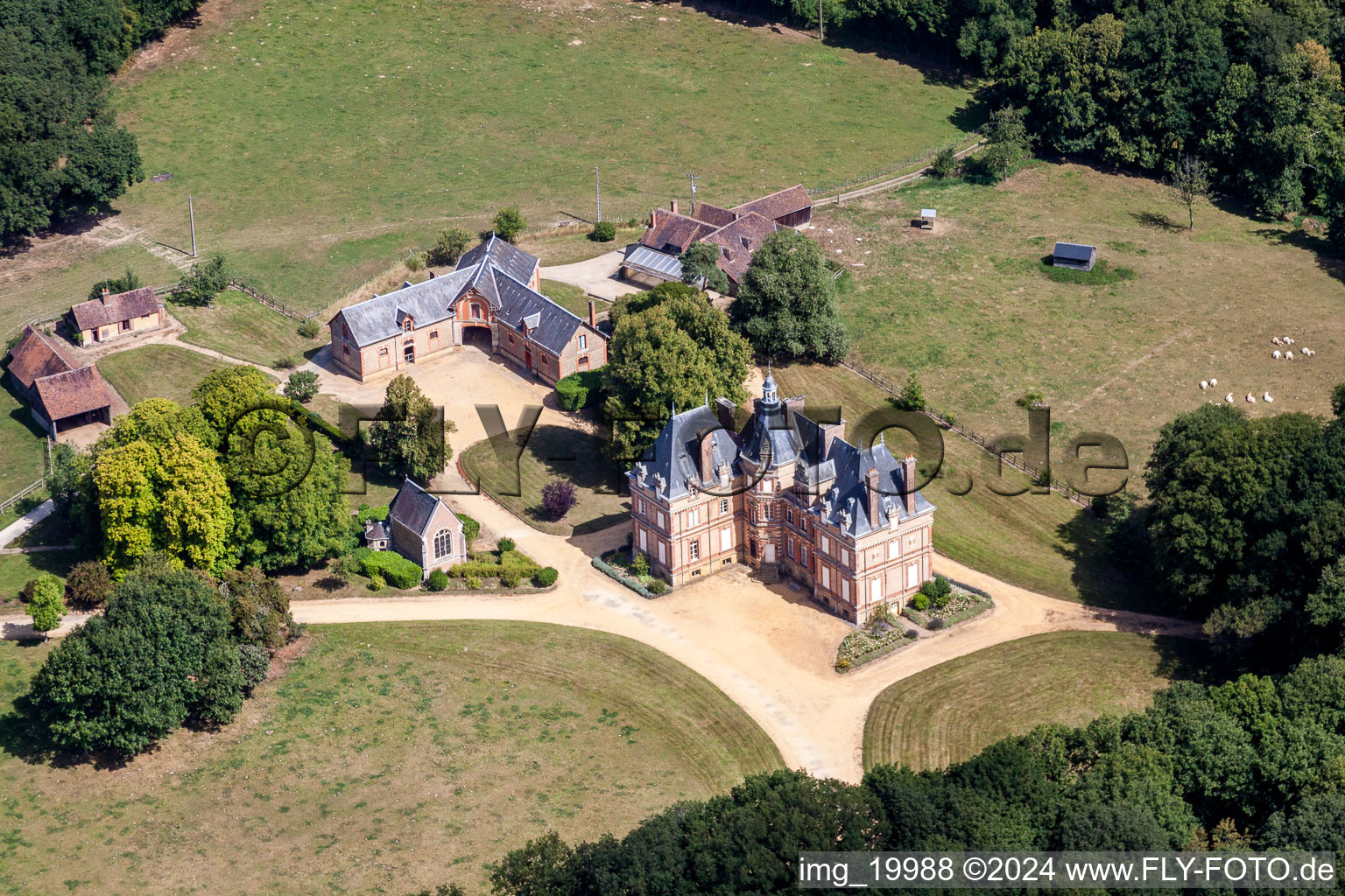 Buildings and parks at the manor house of La Justice in Vibraye in the state Sarthe, France