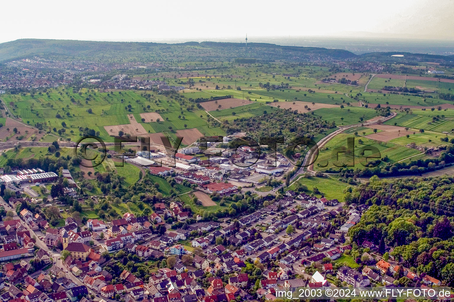 Oblique view of District Langensteinbach in Karlsbad in the state Baden-Wuerttemberg, Germany