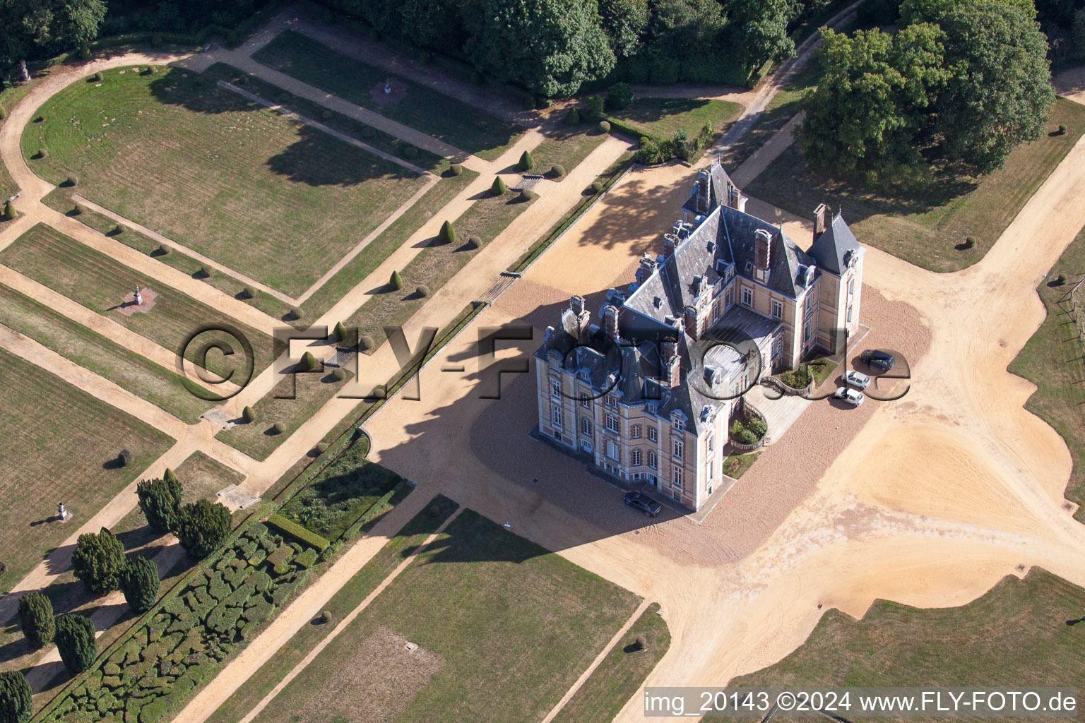 Aerial view of Castle park of Le Domaine de la Pierre in Coudrecieux in the state Sarthe, France