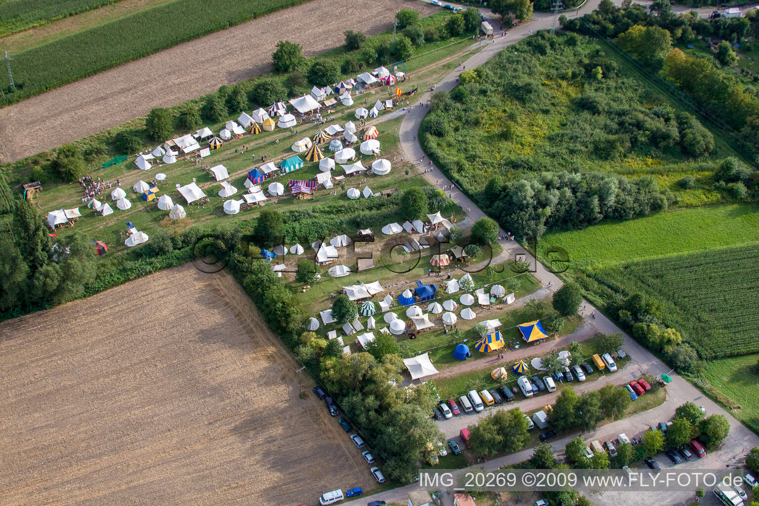 Medieval festival in Jockgrim in the state Rhineland-Palatinate, Germany seen from above