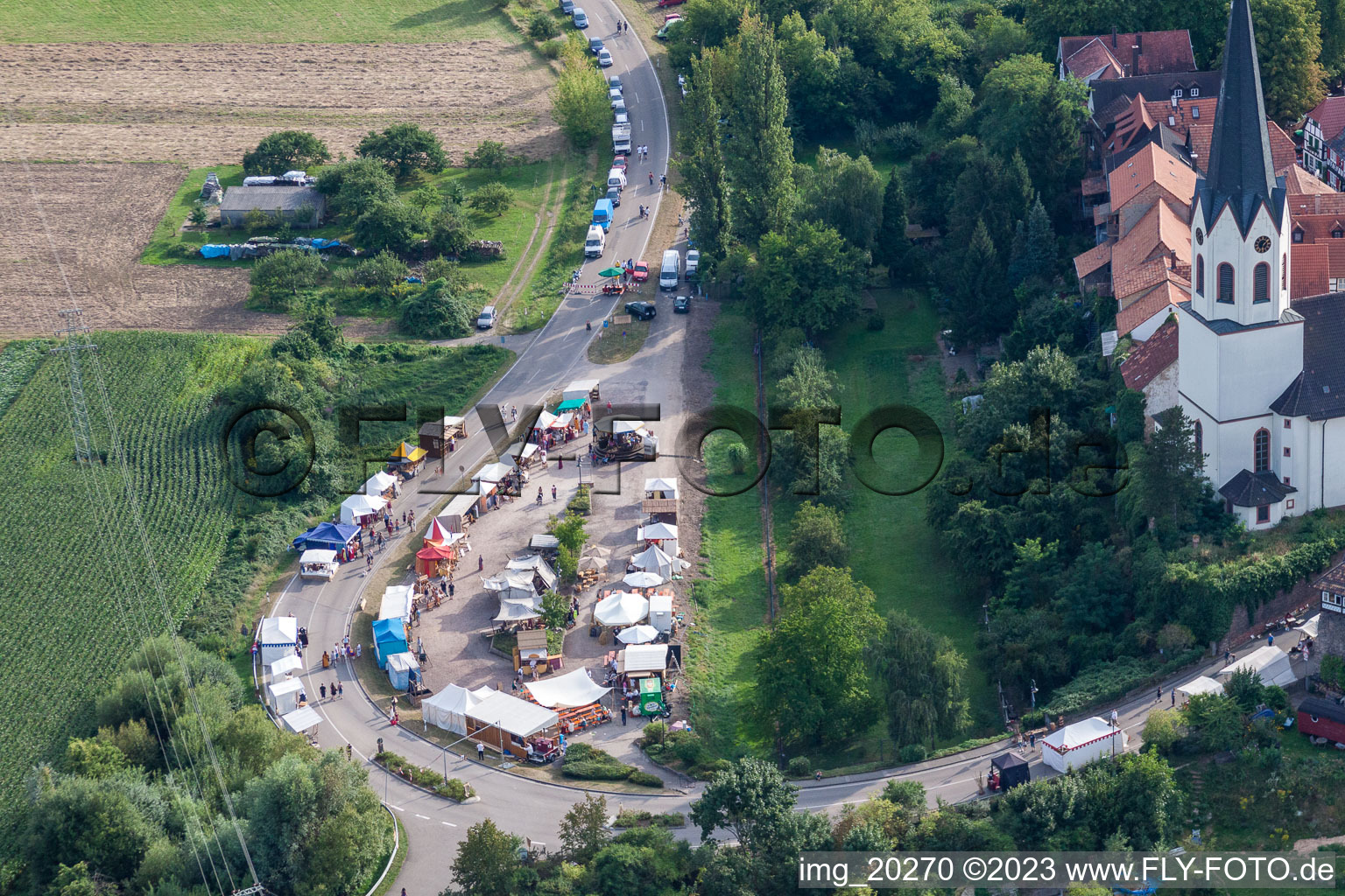 Medieval festival in Jockgrim in the state Rhineland-Palatinate, Germany from the plane