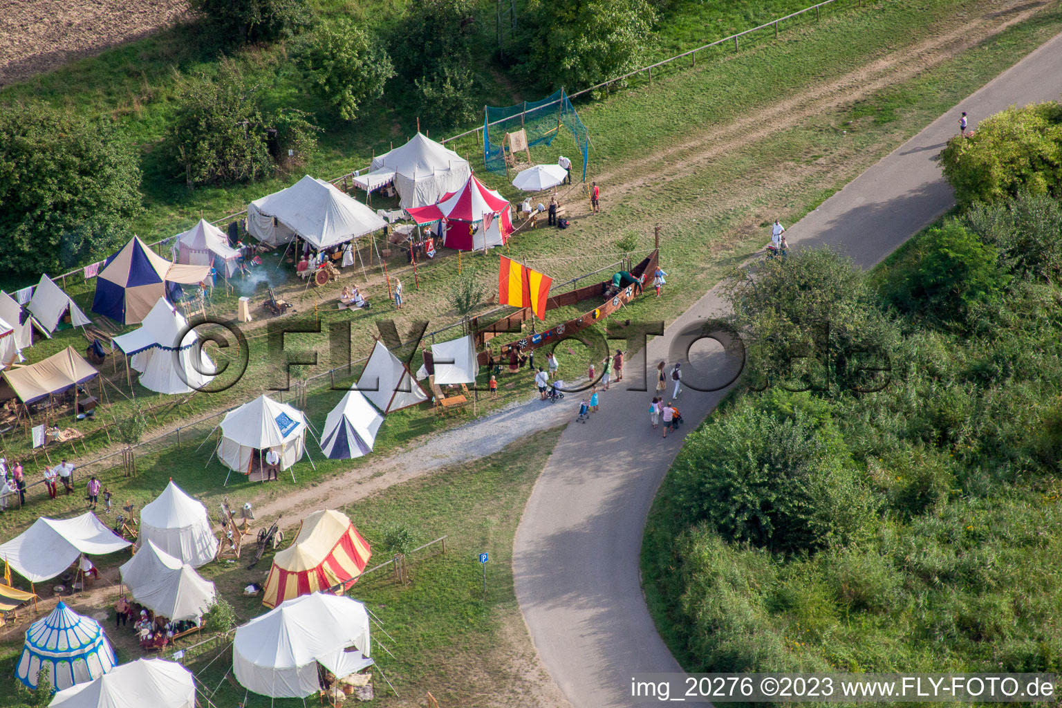 Medieval festival in Jockgrim in the state Rhineland-Palatinate, Germany viewn from the air