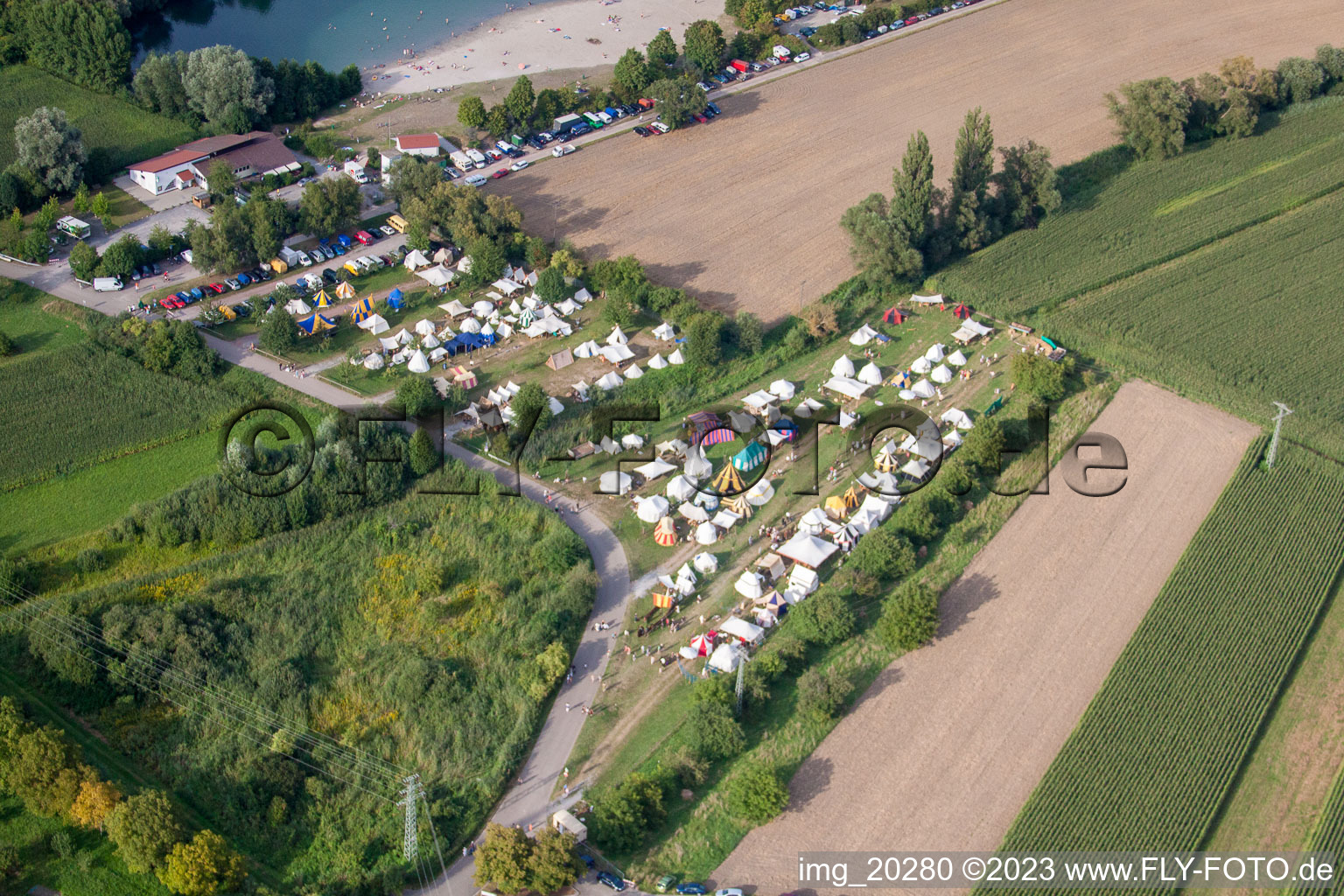 Drone image of Medieval festival in Jockgrim in the state Rhineland-Palatinate, Germany