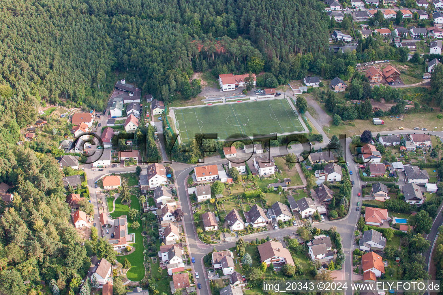 Green artifical lawn football pitch in the district Hoeningen in Altleiningen in the state Rhineland-Palatinate