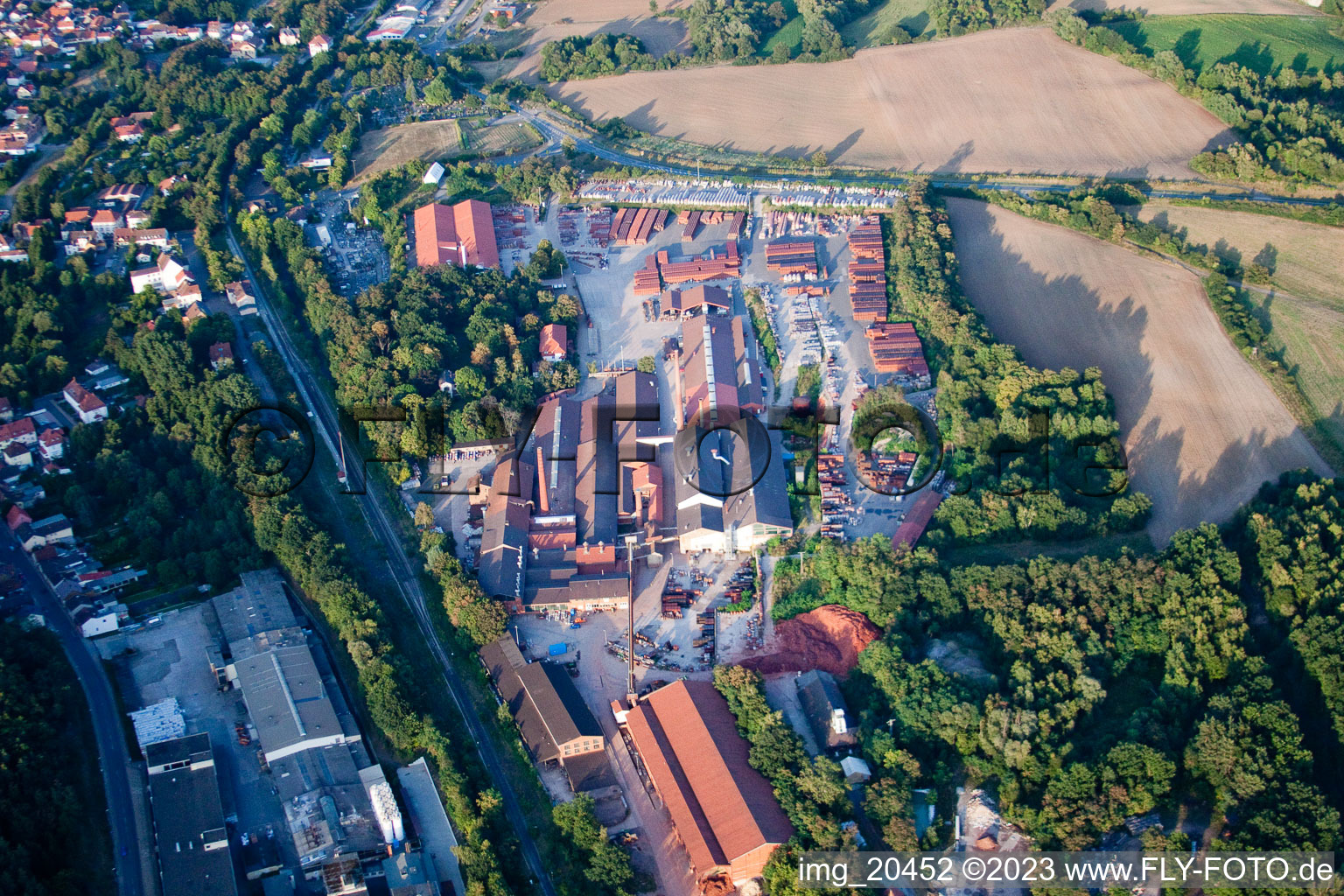Aerial view of F.v. Müller roof tile works in Eisenberg in the state Rhineland-Palatinate, Germany
