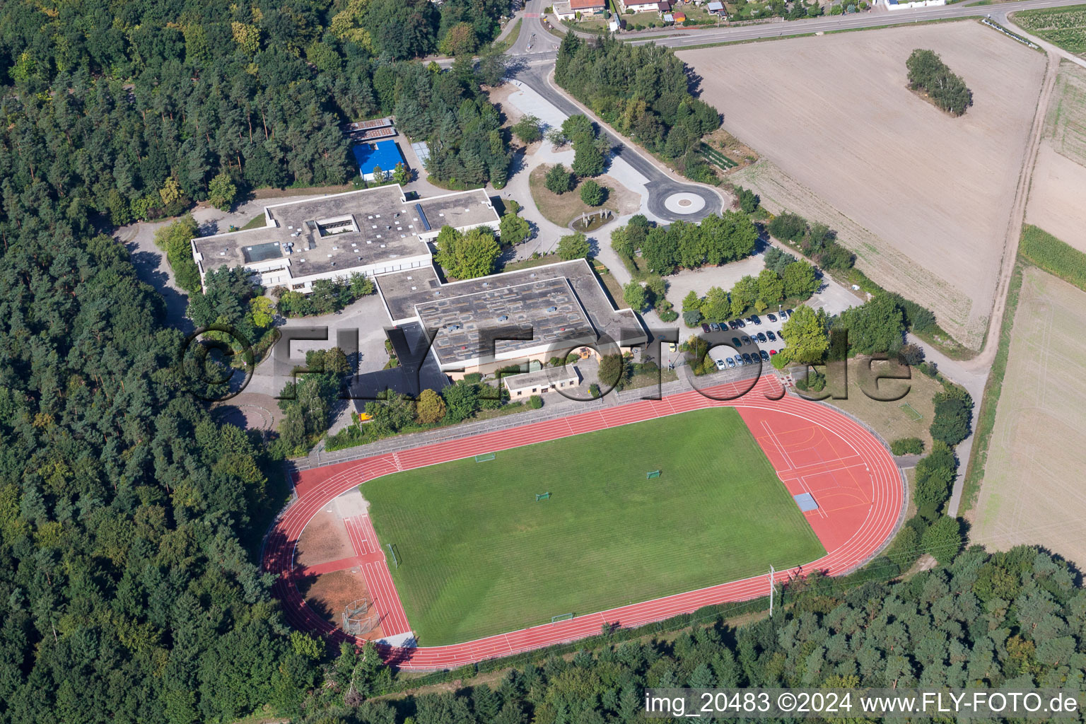 Roman Bath School in Rheinzabern in the state Rhineland-Palatinate, Germany from the plane