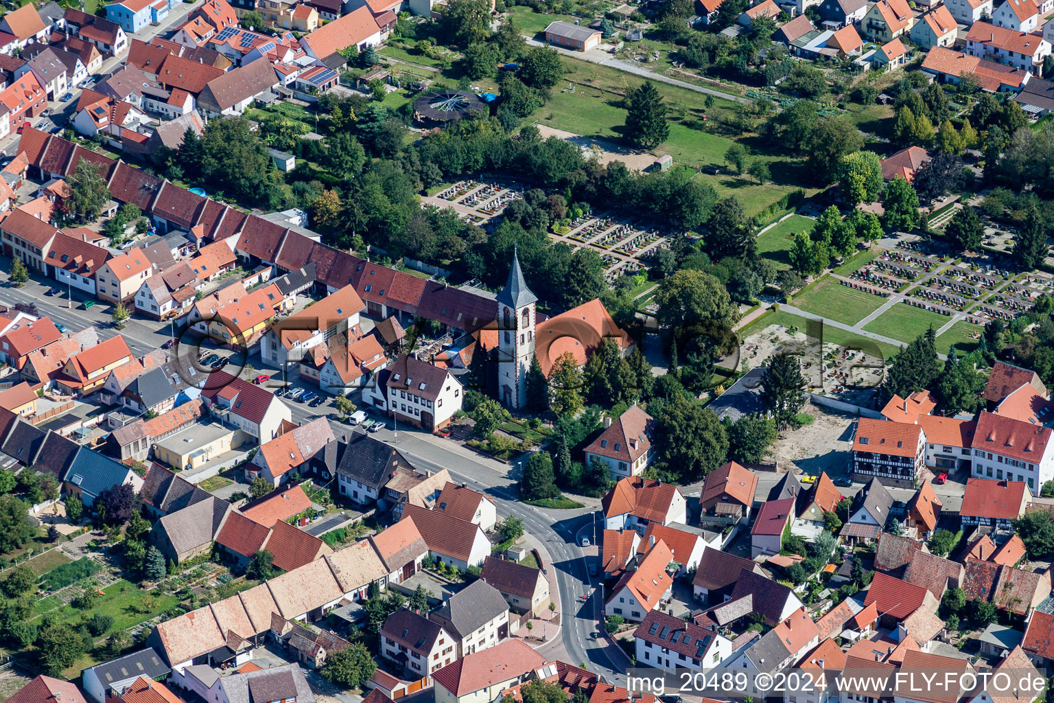 Aerial photograpy of Church building in the village of in the district Liedolsheim in Dettenheim in the state Baden-Wurttemberg, Germany