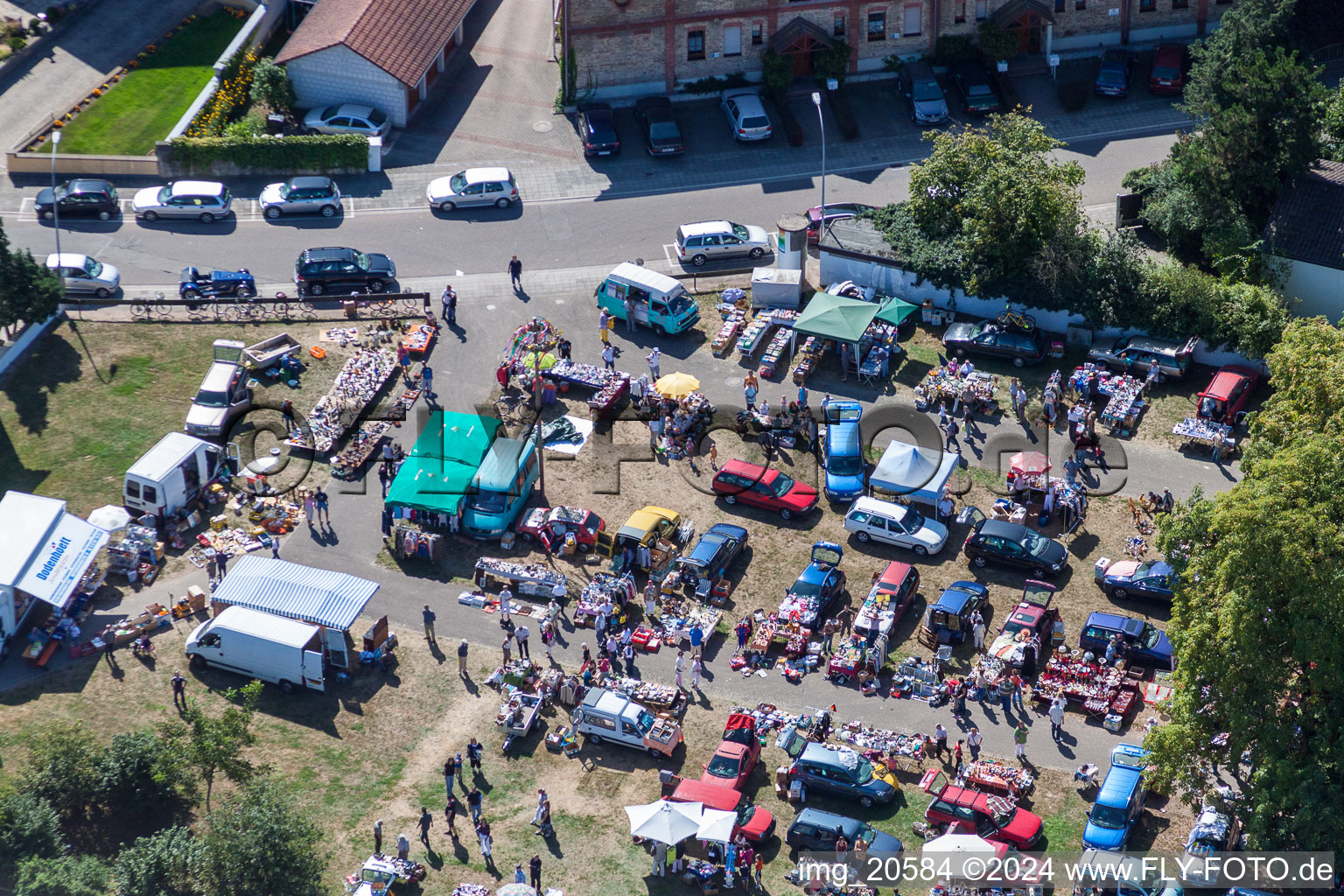 Aerial view of Flea market in Rheinzabern in the state Rhineland-Palatinate, Germany