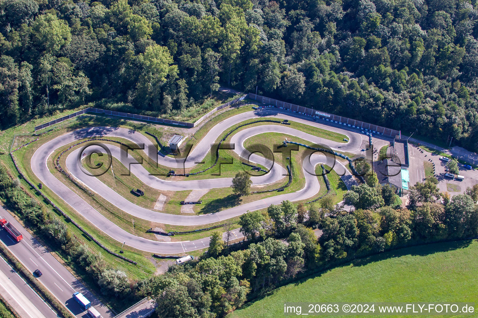 Aerial view of Karting track in the district Urloffen in Appenweier in the state Baden-Wuerttemberg, Germany