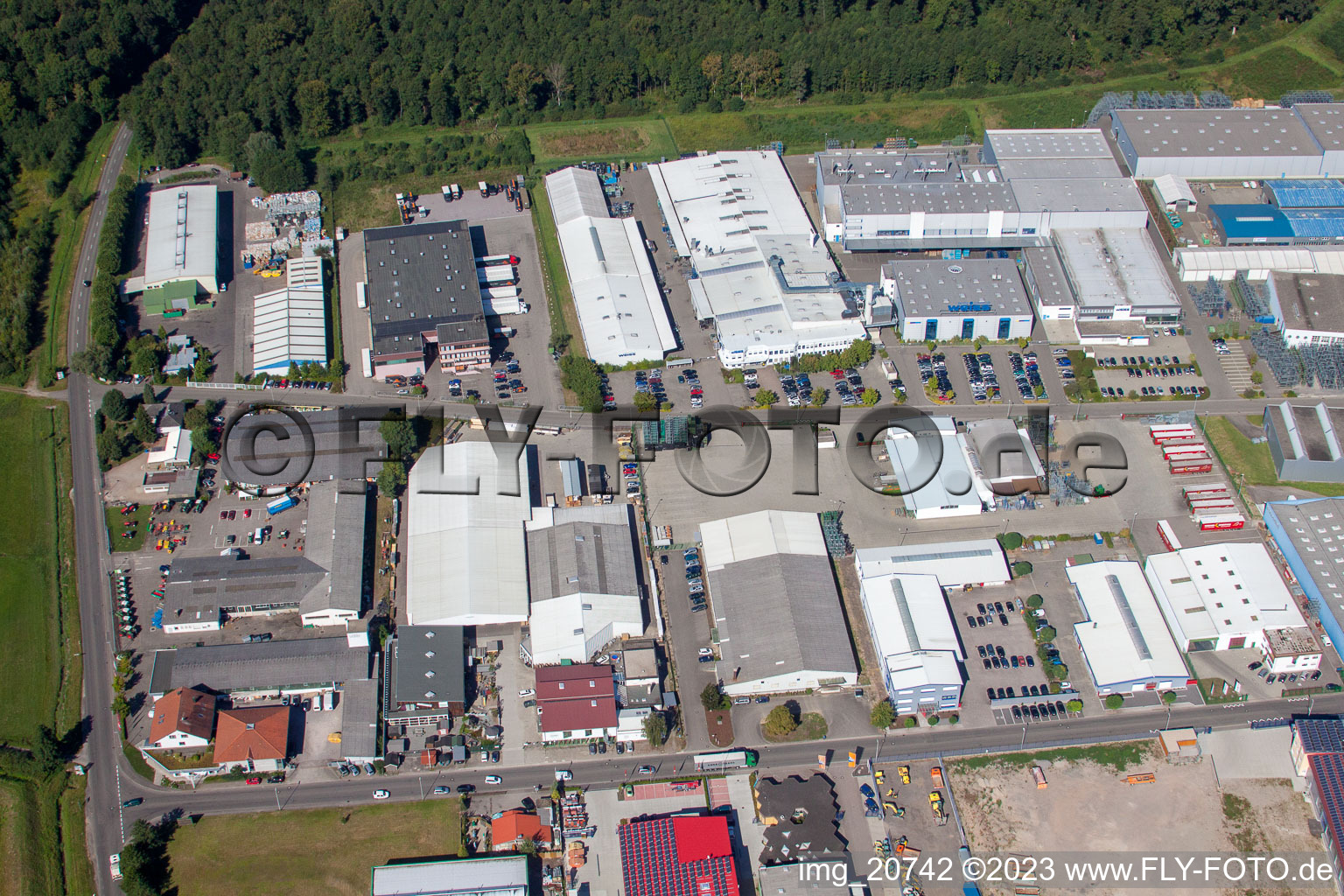 Industrial area in Appenweier in the state Baden-Wuerttemberg, Germany from the plane