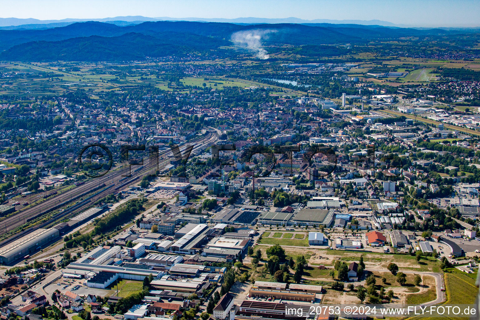 Aerial view of Freight station in the district Bohlsbach in Offenburg in the state Baden-Wuerttemberg, Germany