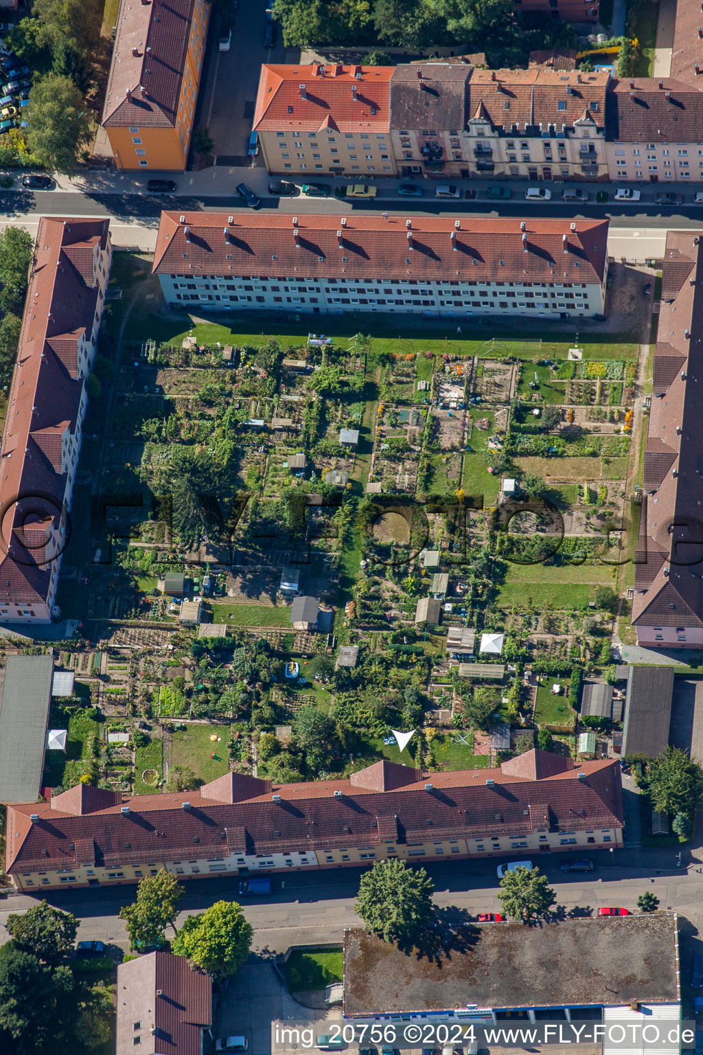 Small gardens in the court-yards of a housing block in Offenburg in the state Baden-Wurttemberg, Germany