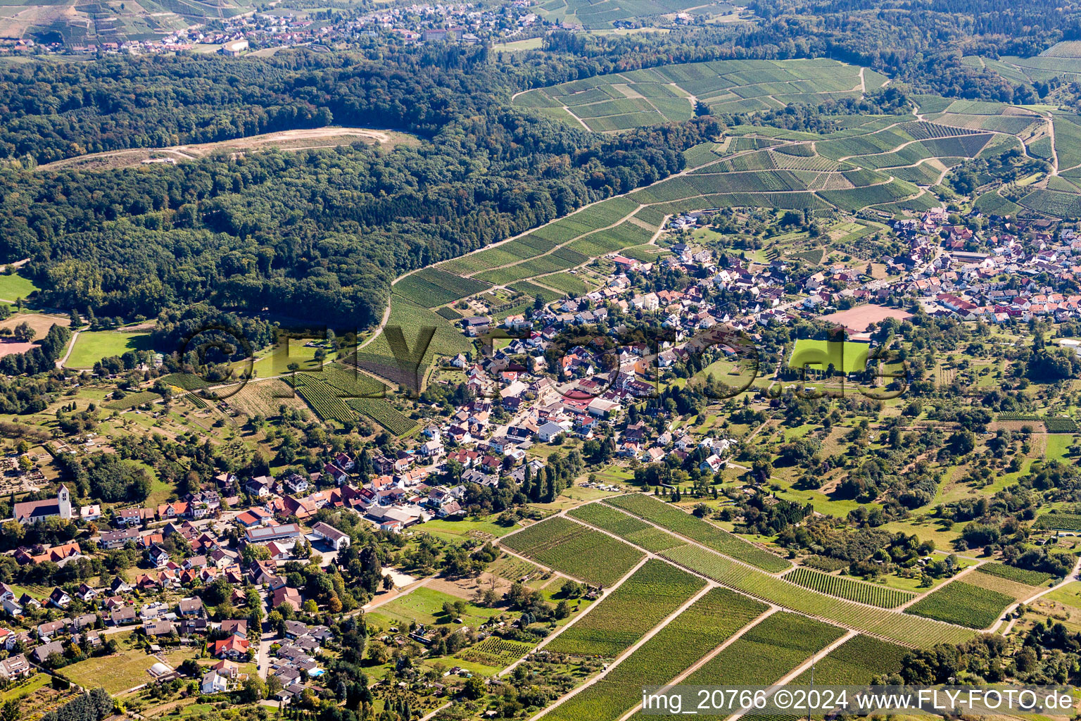 Town View between wine yards of Rammersweier in Offenburg in the state Baden-Wurttemberg, Germany