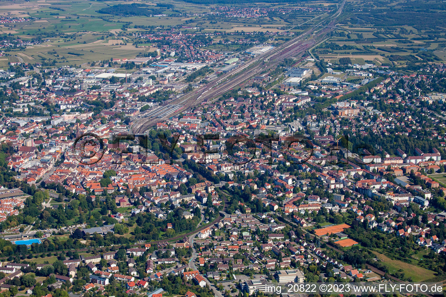 Aerial view of From the southeast in Offenburg in the state Baden-Wuerttemberg, Germany