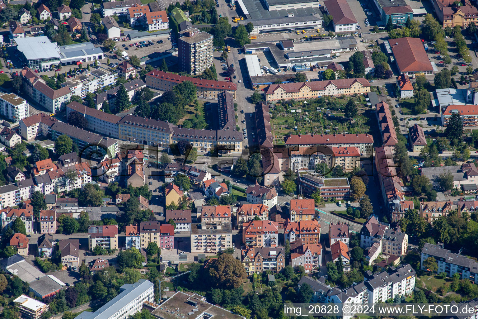 Aerial view of Strasbourg Street in Offenburg in the state Baden-Wuerttemberg, Germany