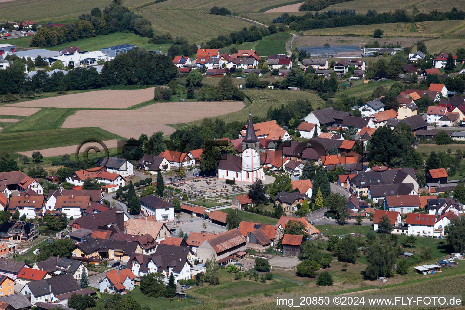 Aerial view of From the southeast in the district Sand in Willstätt in the state Baden-Wuerttemberg, Germany