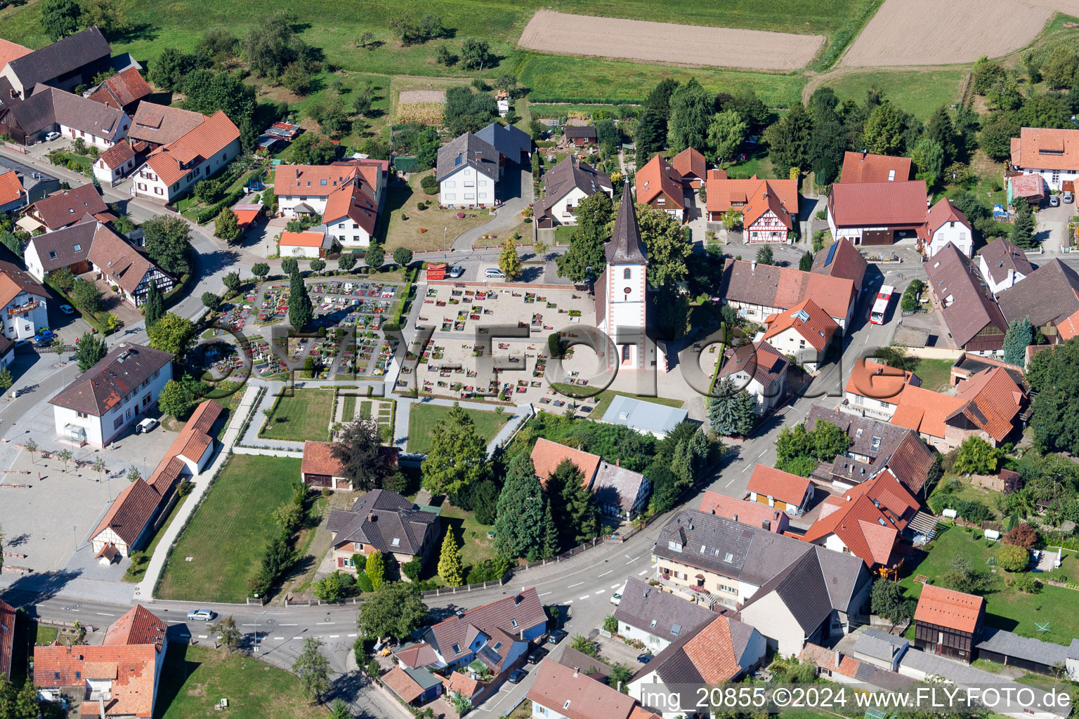 Aerial view of Church building in the village of in the district Sand in Willstaett in the state Baden-Wurttemberg, Germany