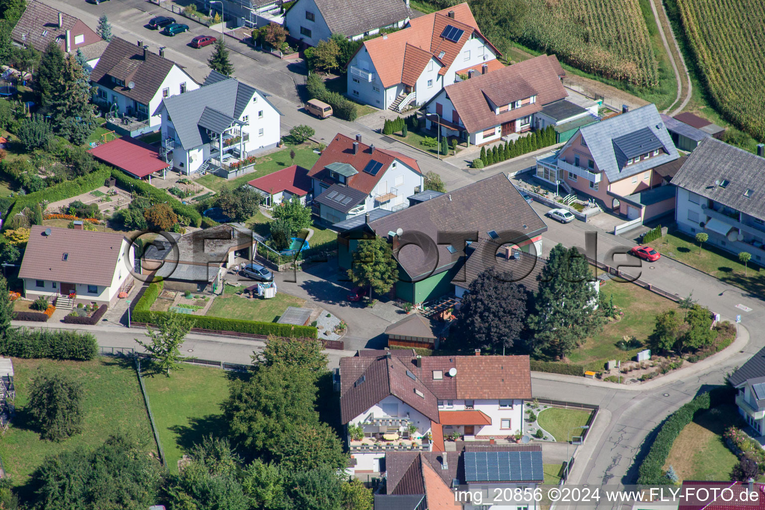 Aerial view of Elderberry Trail in the district Sand in Willstätt in the state Baden-Wuerttemberg, Germany