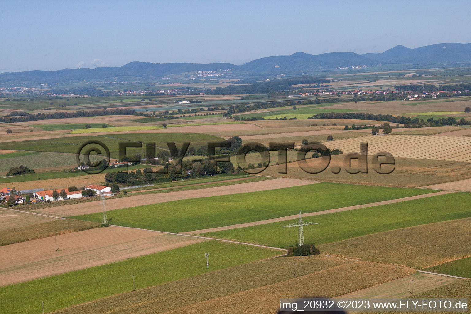 Aerial view of Schossberghof in Minfeld in the state Rhineland-Palatinate, Germany